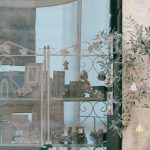 Public Displays - Window of shop of religious articles decorated with potted plants on shabby wall