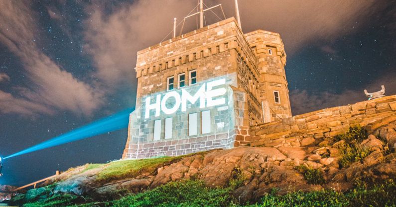 Laser Projection - Laser projection of word Home of facade of medieval building